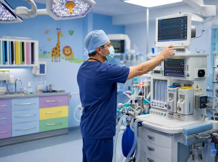 Anesthesiologist at equipment monitor in pediatric operating room